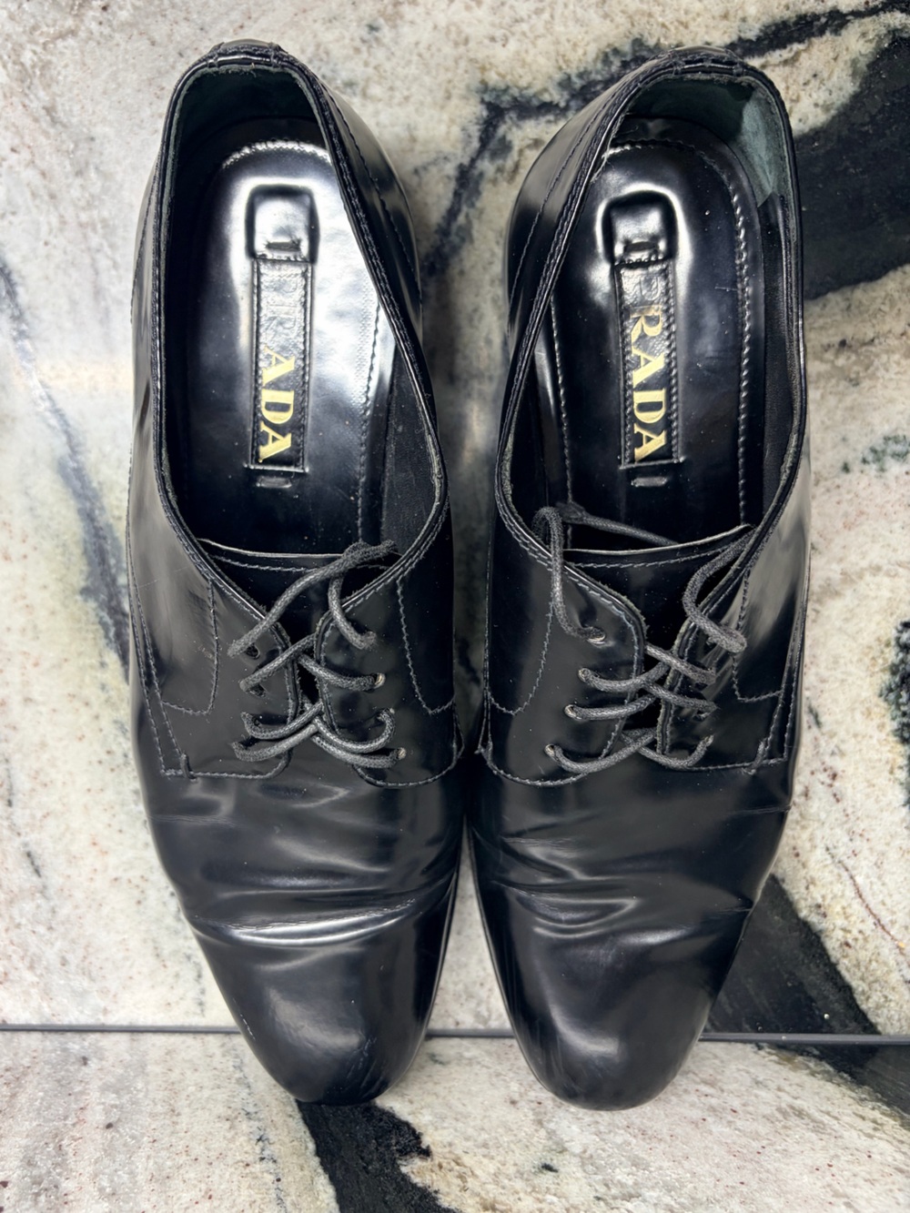 Prada Black Leather Derby Shoes Blue Rubber Sole Women’s EU 37 US 7 Italy - Picture 11 of 11